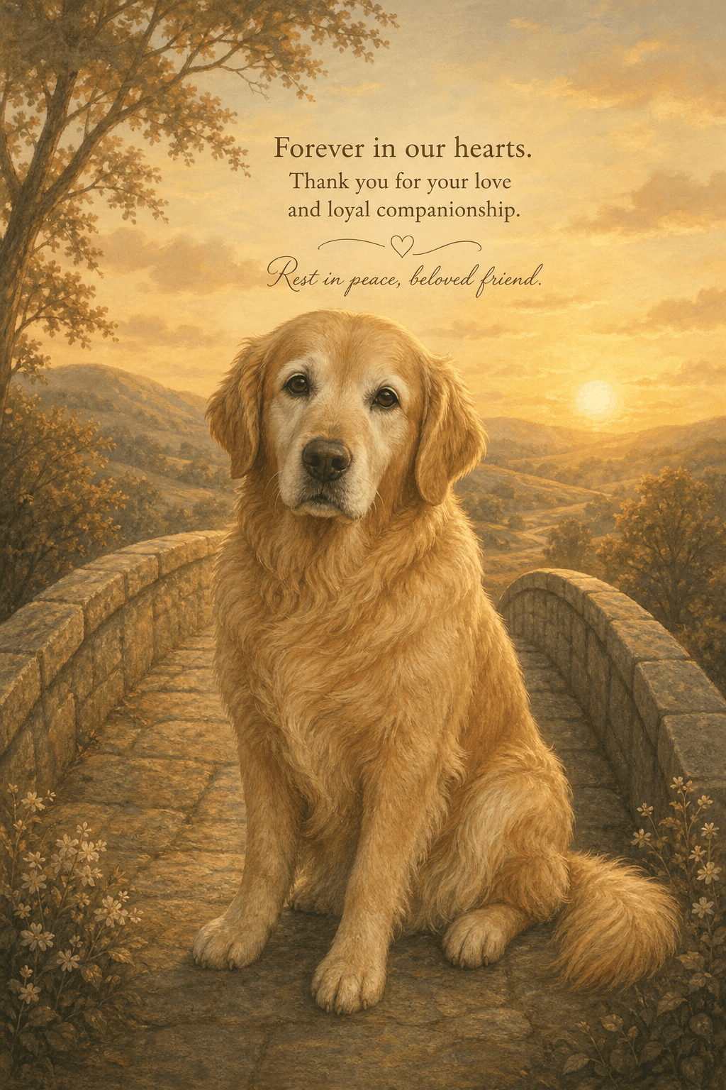 Rainbow Bridge: warm illustrated memorial scene
